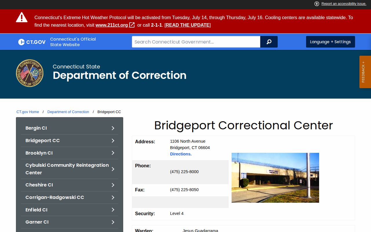 Bridgeport Correctional Center official release information source