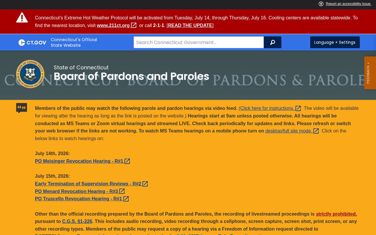 Fairfield County parole hearing schedule and release records